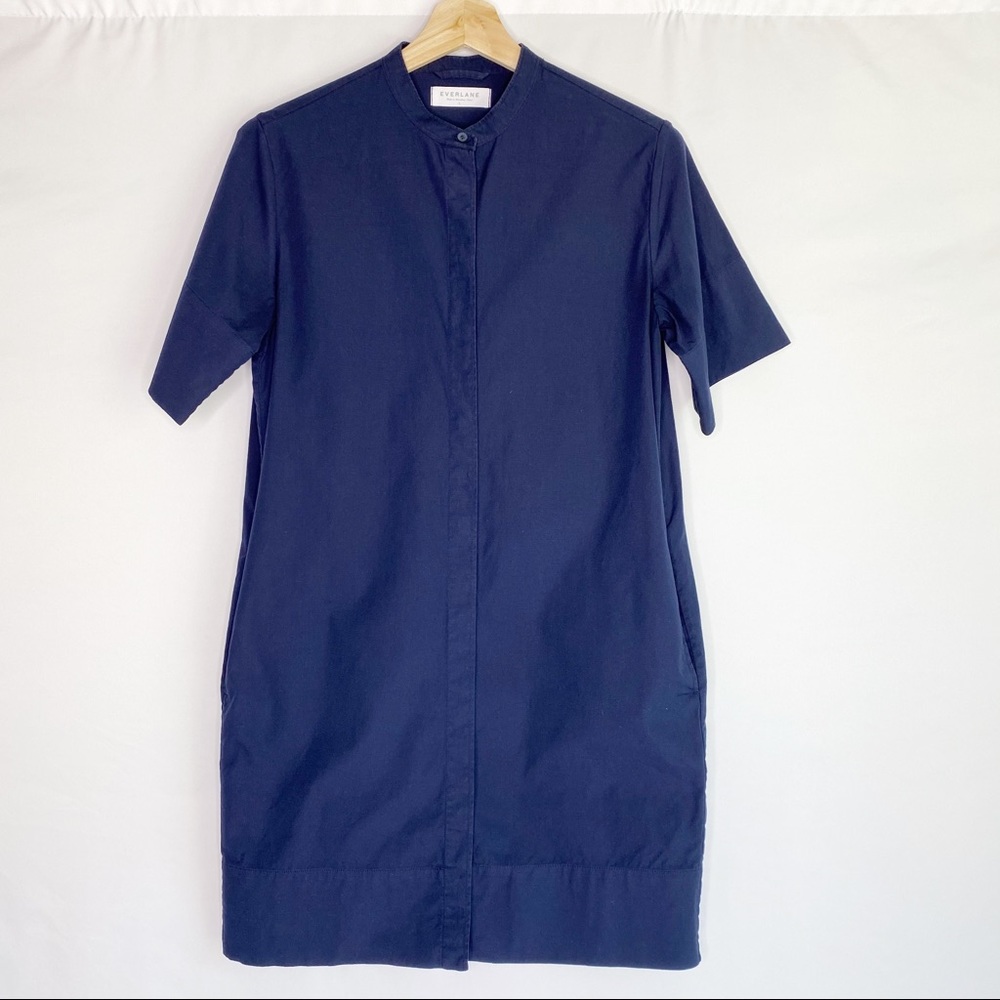 Everlane cotton button down shirt dress navy 2